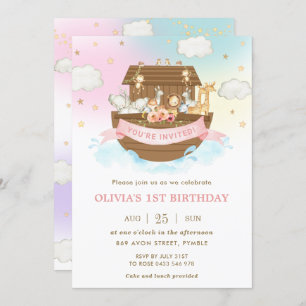 Chic Noah's Ark Cute Animals Girl Birthday Party Invitation