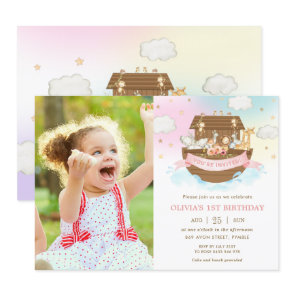 Chic Noah's Ark Cute Animals Girl Birthday Photo  Invitation