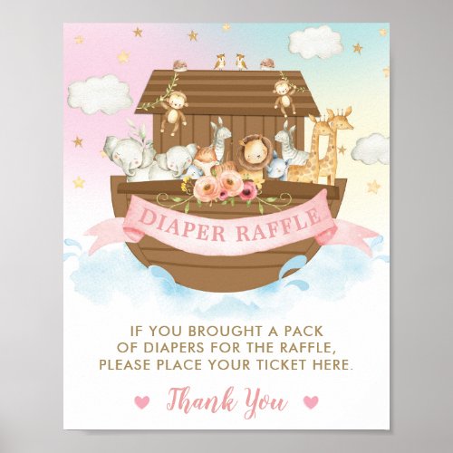Chic Noahs Ark Girl Baby Shower Diaper Raffle  Poster