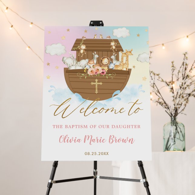 Chic Noah's Ark Girl Baptism Christening Welcome Foam Board (In Situ (Stand))