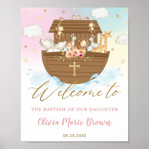 Chic Noahs Ark Girl Baptism Christening Welcome Poster