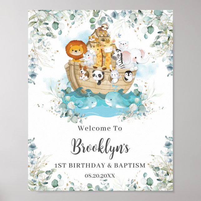 Chic Noah's Ark Greenery Baptism Birthday Welcome Poster (Front)