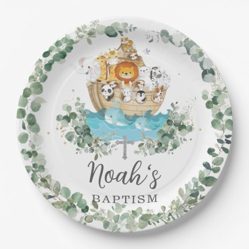Chic Noahs Ark Greenery Baptism Christening Paper Plates