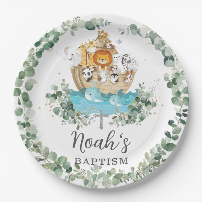 Chic Noah's Ark Greenery Baptism Christening Paper Plates (Front)