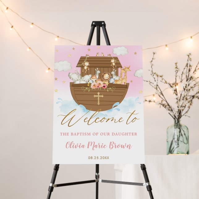 Chic Noah's Ark Pink Baptism Christening Welcome Foam Board (In Situ (Stand))