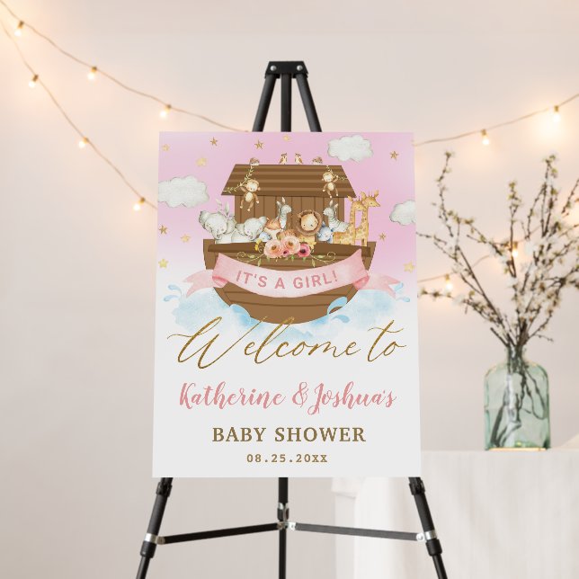 Chic Noah's Ark Pink Girl Baby Shower Welcome Foam Board (In Situ (Stand))