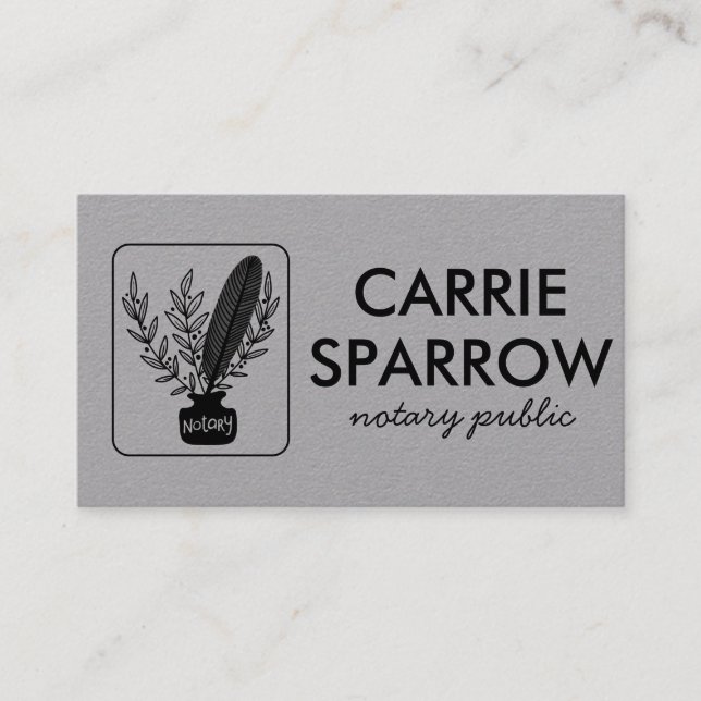 Chic Notary Public Inkpot Quill Botanical Logo  Business Card (Front)