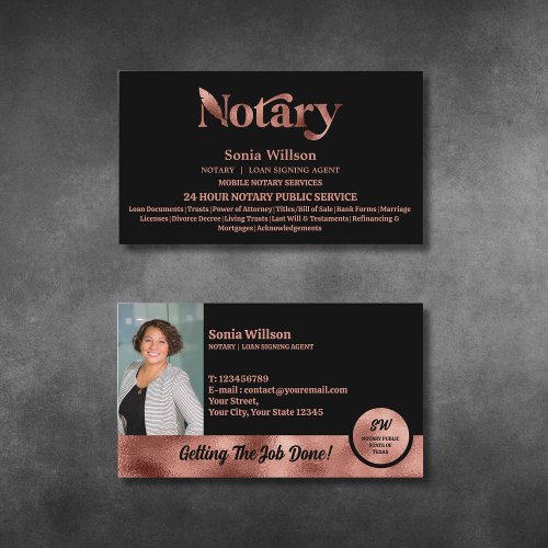 Chic Notary Public Rose Gold Photo Loan Signing Business Card