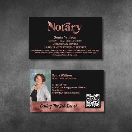 Chic Notary Public Rose Gold Photo QR Code Business Card