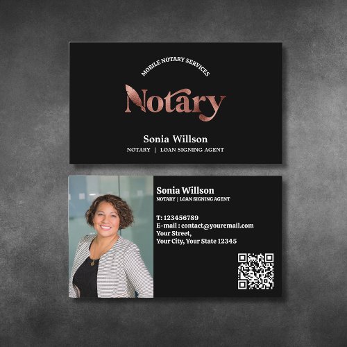 Chic Notary Public Rose Gold Photo QR Code Business Card