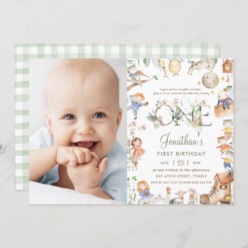 Chic Nursery Rhyme Greenery 1st Birthday Photo Invitation