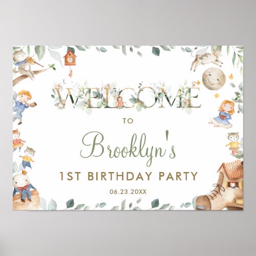 Chic Nursery Rhyme Greenery 1st Birthday Welcome Poster