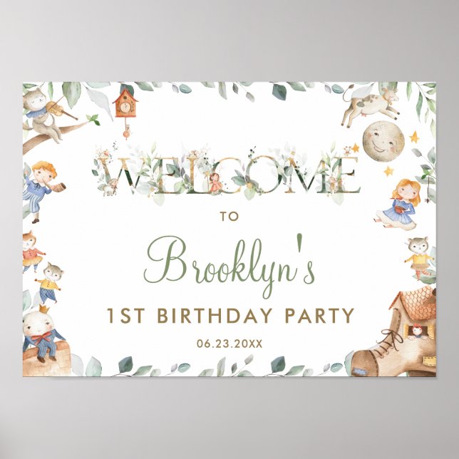 Chic Nursery Rhyme Greenery 1st Birthday Welcome Poster (Front)