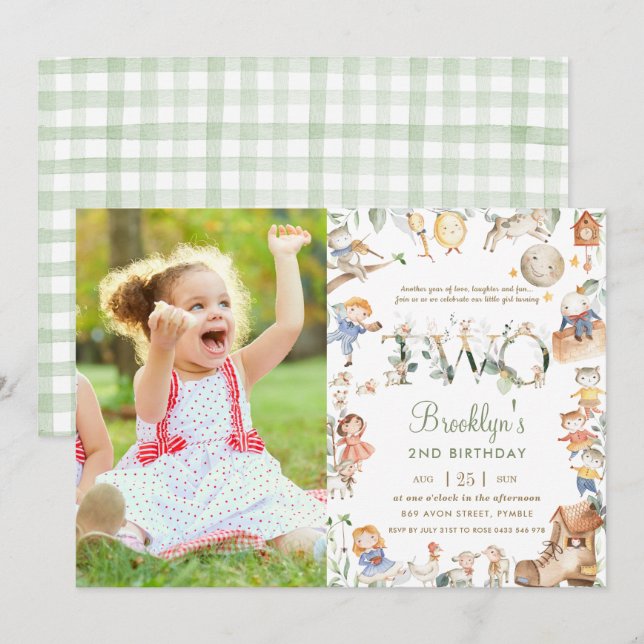 Chic Nursery Rhyme Greenery 2nd Birthday Photo Invitation (Front/Back)
