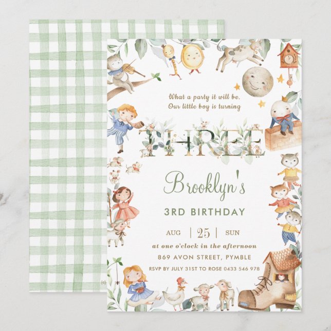Chic Nursery Rhyme Greenery 3rd Birthday Neutral Invitation (Front/Back)