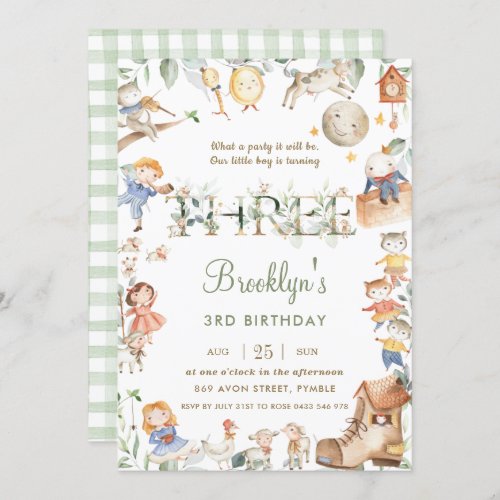 Chic Nursery Rhyme Greenery 3rd Birthday Neutral Invitation