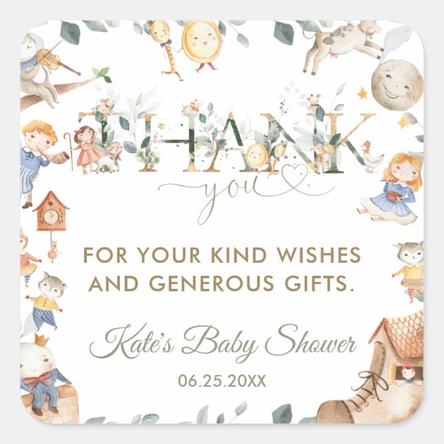 Chic Nursery Rhyme Greenery Baby Shower Boy Girl Square Sticker (Front)