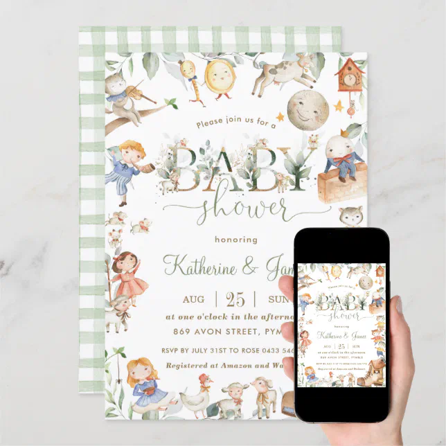 Chic Nursery Rhyme Greenery Baby Shower Neutral Invitation (Downloadable)