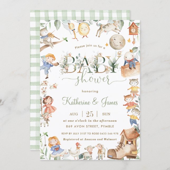 Chic Nursery Rhyme Greenery Baby Shower Neutral Invitation (Front/Back)