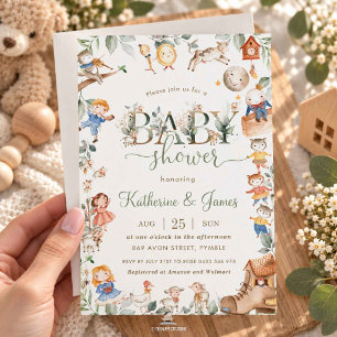 Chic Nursery Rhyme Greenery Baby Shower Neutral Invitation