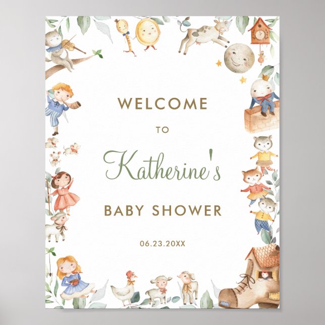 Chic Nursery Rhyme Greenery Baby Shower Welcome Poster (Front)