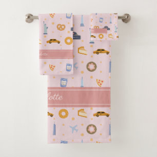 Chic NYC Pattern Pink Custom Name  Bath Towel Set