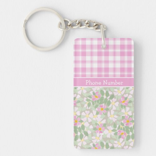 Chic Oblong Keychain Pink Dogroses and Plaid Keychain