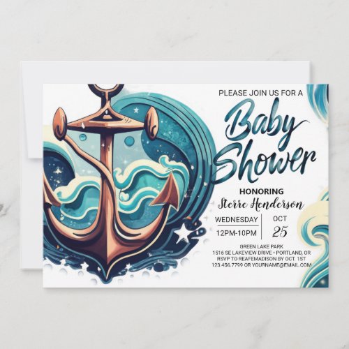 Chic Ocean Blue Anchor Baby Shower Invitation