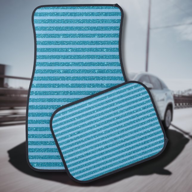 Chic Ocean Blue Glitter Style Horizontal Stripes Car Floor Mat (Creator Uploaded)