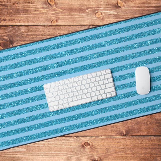 Chic Ocean Blue Glitter Style Horizontal Stripes Desk Mat (Creator Uploaded)