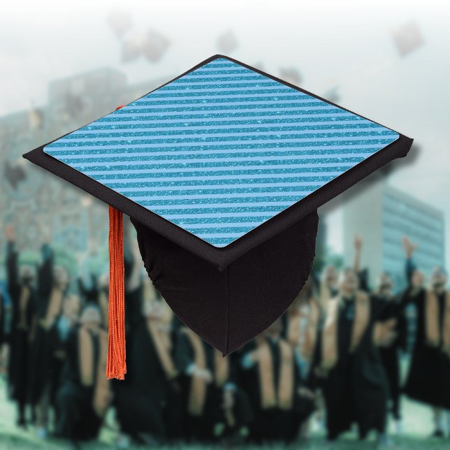 Chic Ocean Blue Glitter Style Horizontal Stripes Graduation Cap Topper (Creator Uploaded)