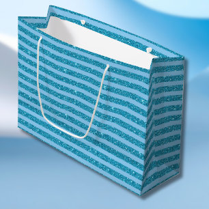 Chic Ocean Blue Glitter Style Horizontal Stripes Large Gift Bag