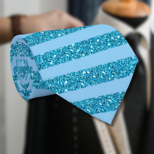 Chic Ocean Blue Glitter Style Horizontal Stripes Neck Tie
