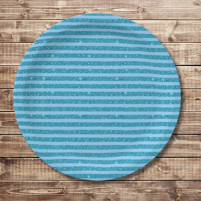Chic Ocean Blue Glitter Style Horizontal Stripes Paper Plates (Creator Uploaded)
