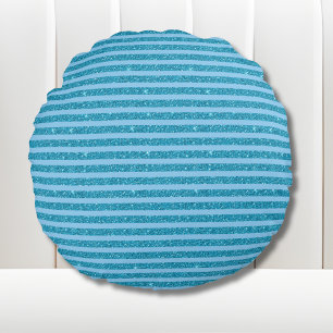 Chic Ocean Blue Glitter Style Horizontal Stripes Round Pillow
