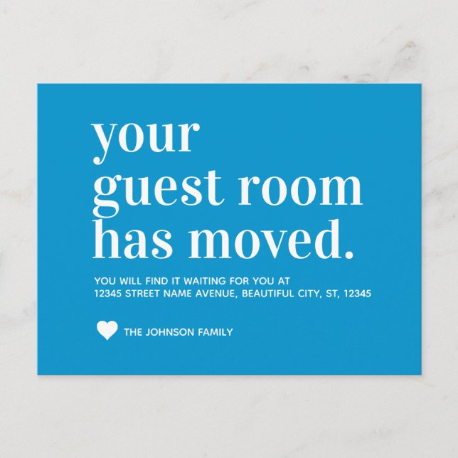 Chic Ocean Blue Guest Room Moving Announcement (Front)