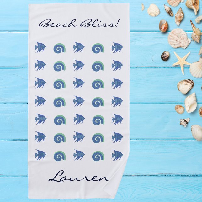 Chic Ocean Blue White Shells and Fish Name Beach Towel (Creator Uploaded)