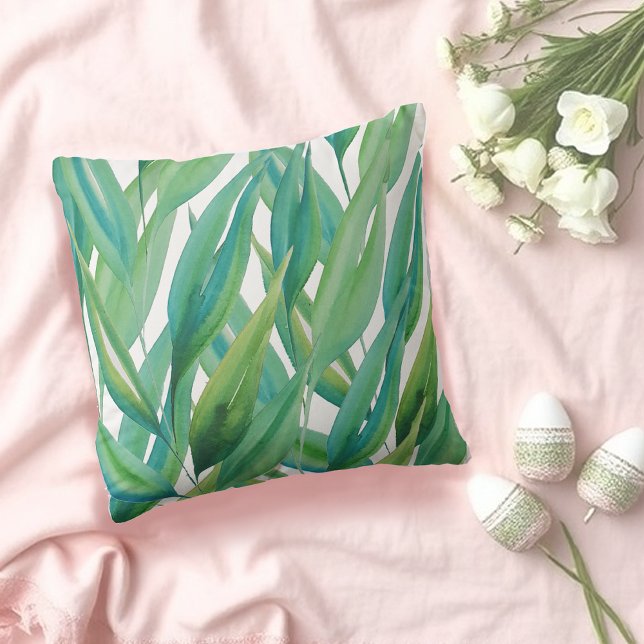 Chic Ocean Green Blue Watercolor Plants Outdoor Pillow (Creator Uploaded)
