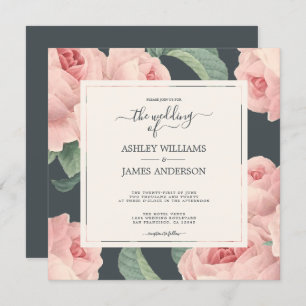Chic Off-black Vintage Pink Rose Floral Wedding Invitation