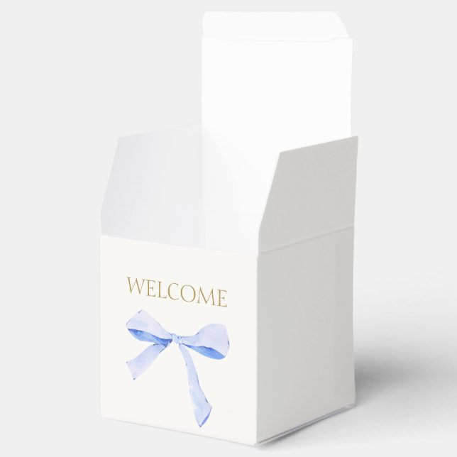 Chic Off White | Blue Ribbon Wedding Welcome Favor Boxes (Opened)