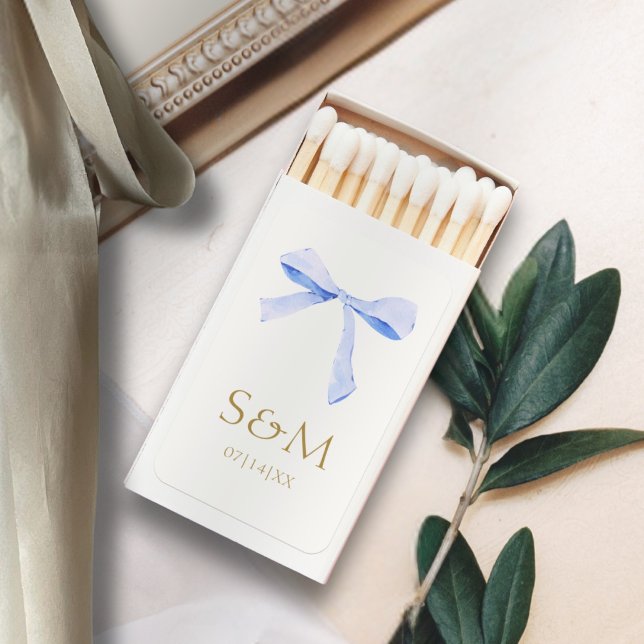 Chic Off White | Blue Ribbon Wedding Welcome Matchboxes (Creator Uploaded)