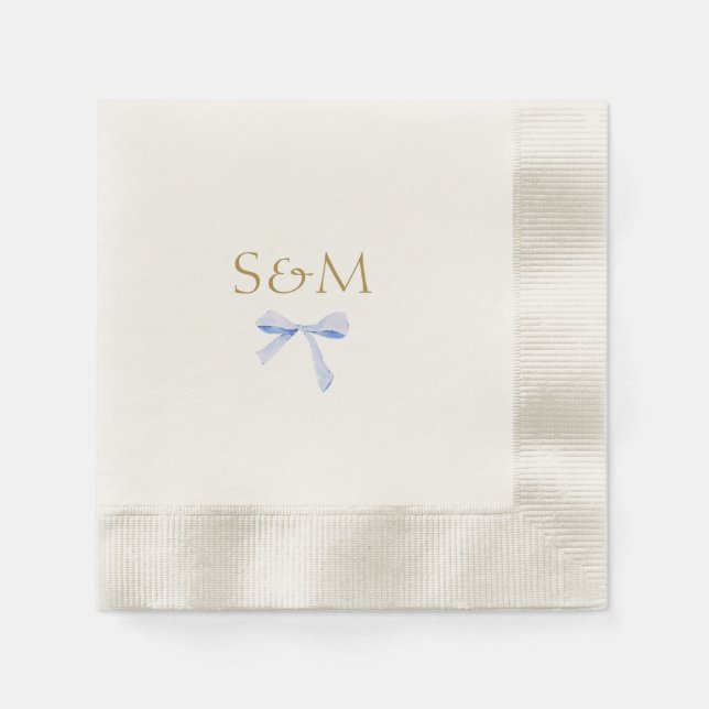Chic Off White | Blue Ribbon Wedding Welcome Napkins (Front)
