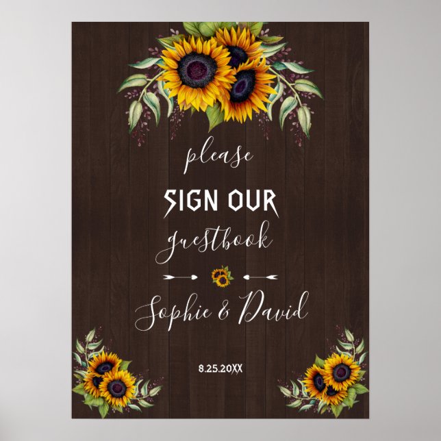 Chic Old Wood Sunflowers Please Sign Our Guestbook (Front)