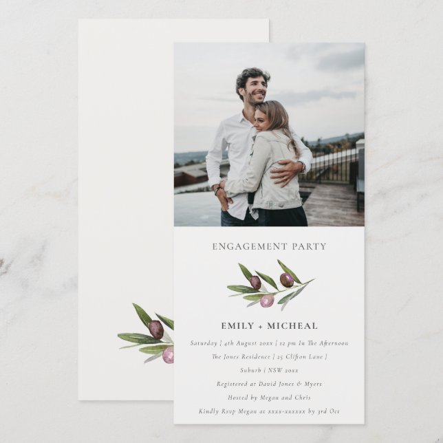Chic Olive Branch Foliage Engagement Photo Card (Front/Back)