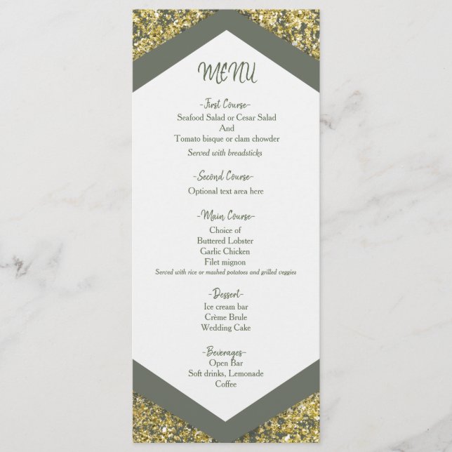 Chic Olive & Gold Glitter Flakes Glam Wedding Menu (Front)