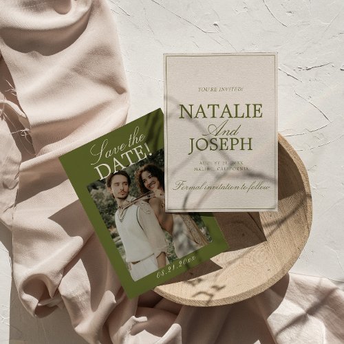 Chic Olive Green Cream Old Money Photo Wedding Sav Save The Date