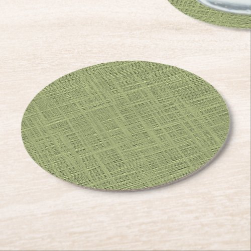 Chic Olive Green Faux Jute Weave Fabric Pattern Round Paper Coaster