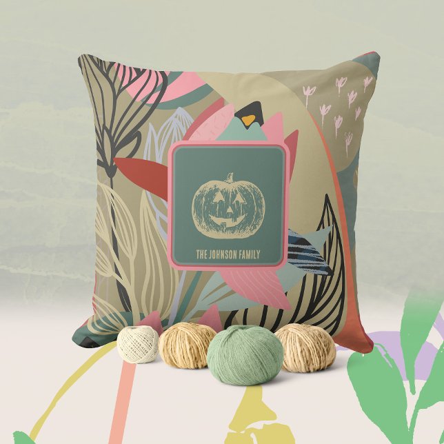 Chic Olive Green Floral Pumpkin Throw Pillow (Cozy Olive Green Pink Fall Pumpkin Floral Throw Pillow ©Susanne Sachers - Sunny Mind Design 🌞)