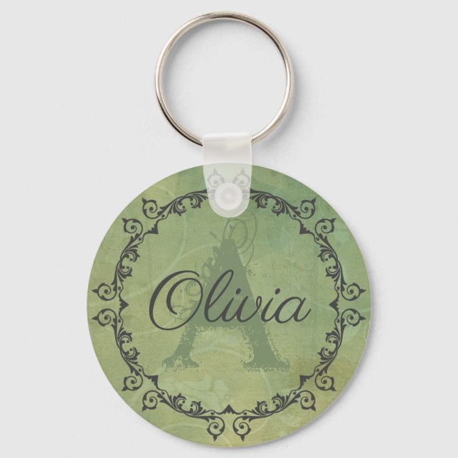 Chic Olive Green Monogram Personalized Keychain (Front)