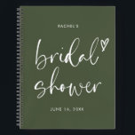 Chic Olive Green Script Bridal Shower Gift List Notebook<br><div class="desc">This notebook is a must-have accessory for any bride-to-be who wants to keep track of her gifts in style. The Chic Olive Green Script Bridal Shower Gift List Notebook is a beautiful and practical way to record all the gifts you receive on your special day. The olive green color provides...</div>
